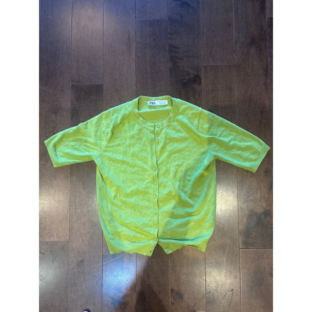 Zara Womens Lime Green Short Sleeve Button Front Knit Cardigan Sweater Size L